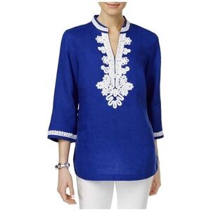 Charter Club 100% Linen Cobalt Blue Embroidered Tunic Blouse Sz XXL